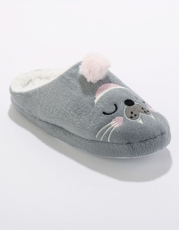 Mules pompon imprimé otarie (gris) Mules pompon imprimé otarie (gris)