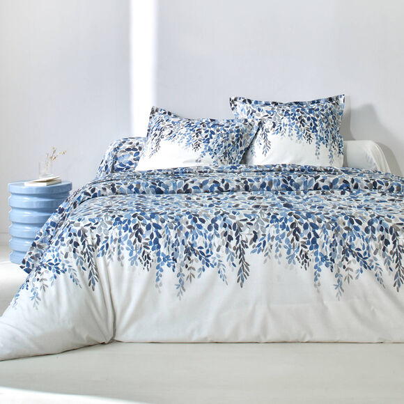 Linge de lit L&eacute;onie imprim&eacute; v&eacute;g&eacute;tal - coton 57 fils/cm&sup2; (&eacute;cru / bleu)