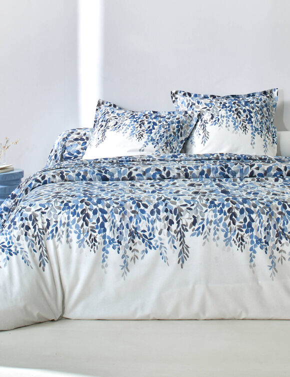 Linge de lit L&eacute;onie imprim&eacute; v&eacute;g&eacute;tal - coton 57 fils/cm&sup2; (&eacute;cru / bleu)