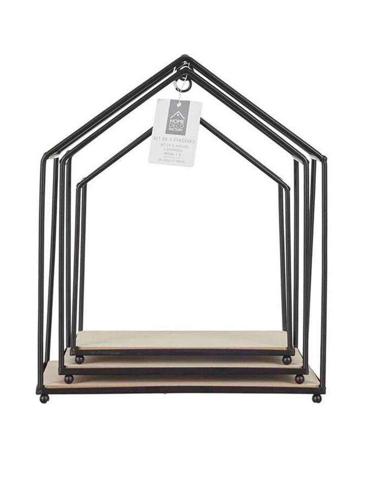 Etagères maison en métal et bois - lot de 3 (noir)