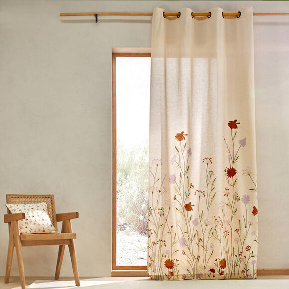 Rideau coton lin base fleurie (vert / parme)