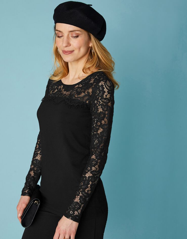 Tee-shirt col rond manches longues, dentelle jersey (noir) Tee-shirt col rond manches longues, dentelle jersey (noir)