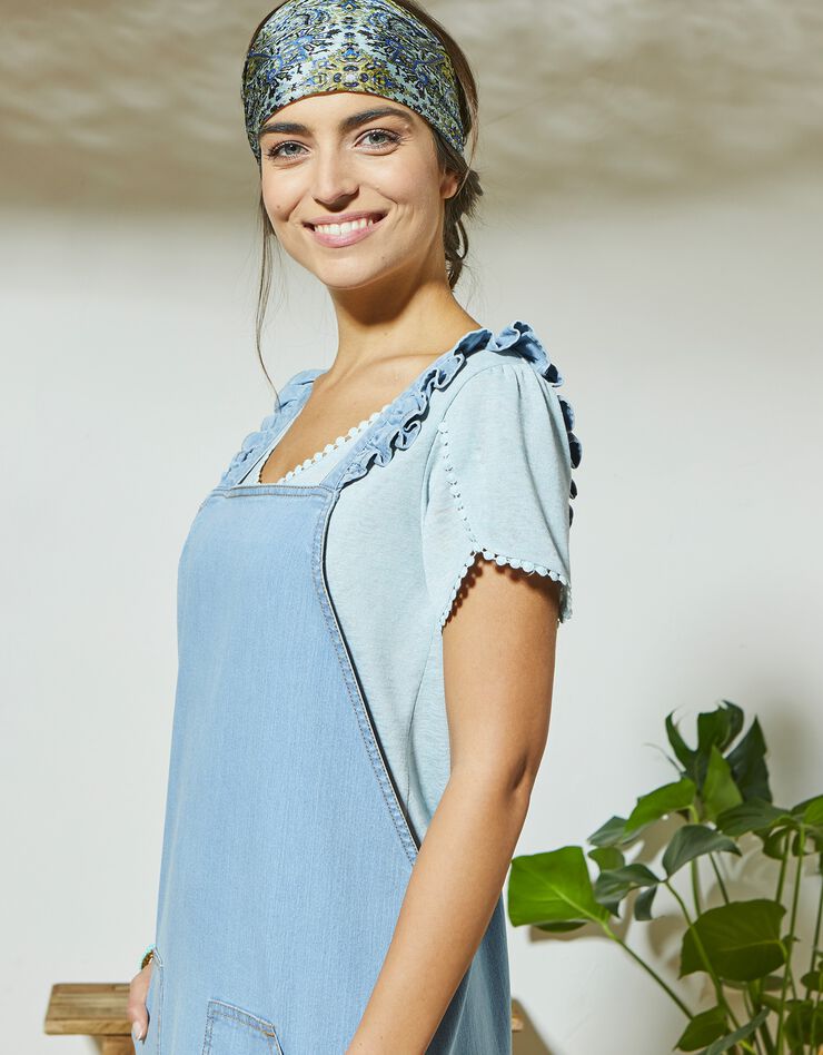 Robe salopette bretelles volantées en jean (bleached)