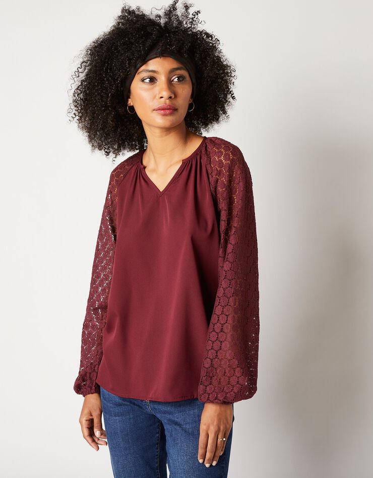 Blouse unie manches dentelle (prune) Blouse unie manches dentelle (prune)