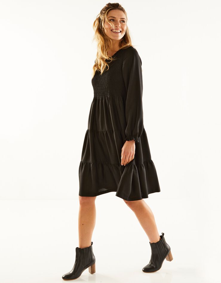 Robe smockée manches longues unie (noir)