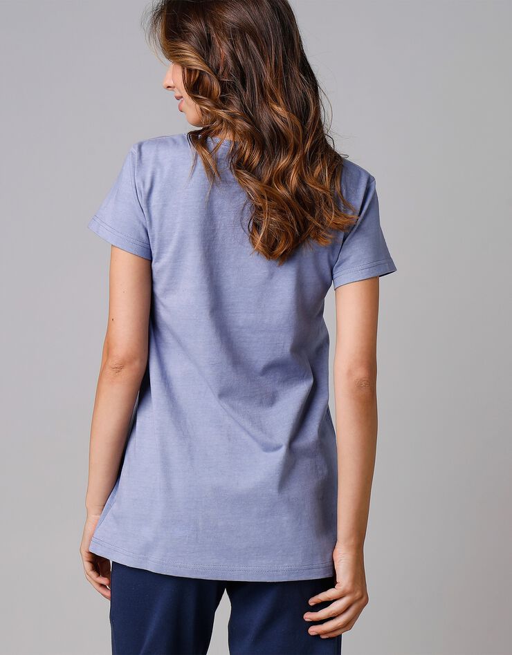 Tee-shirt manches courtes coton uni imprimé placé "Beautiful" (bleu) Tee-shirt manches courtes coton uni imprimé placé "Beautiful" (bleu)
