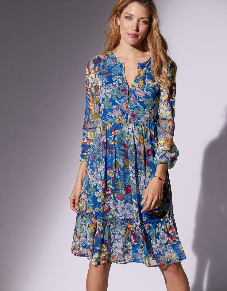 Robe col fendu imprimée, voile (bleu nuit / vert)