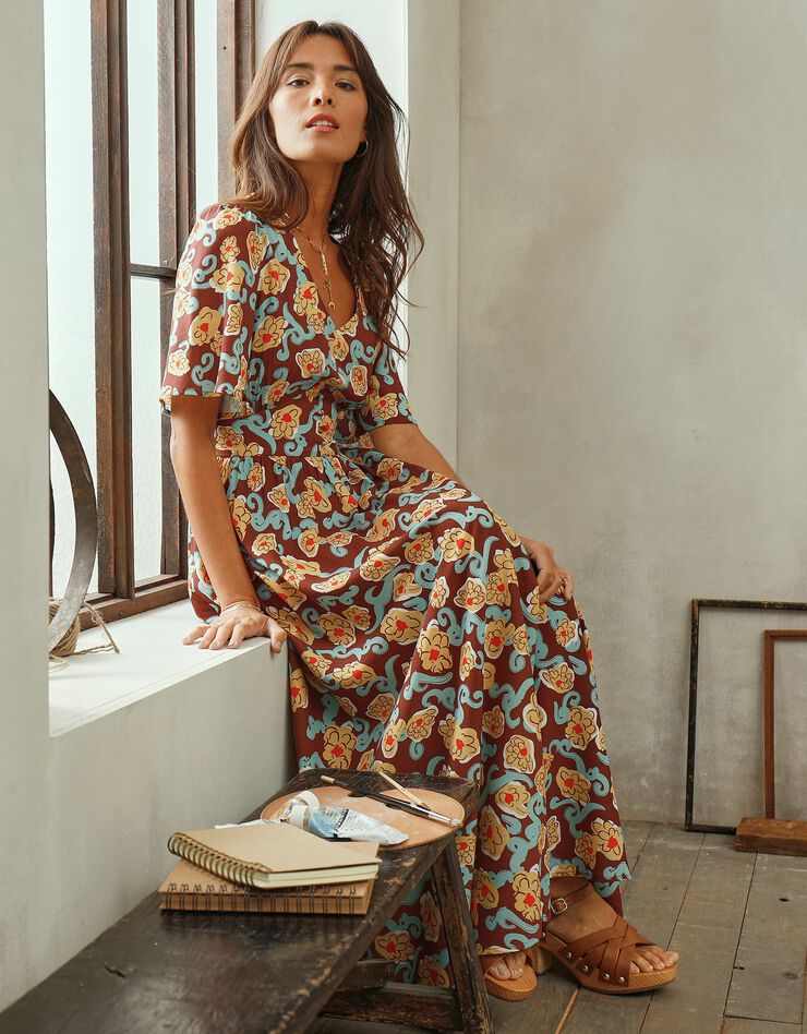 Robe fluide imprimée, collection "Odette Lepeltier" (chocolat / safran)