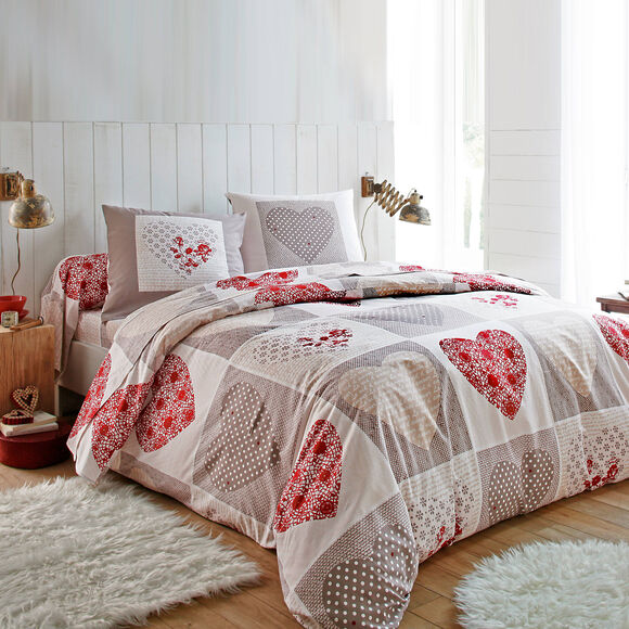 Linge de lit Lovely en coton imprim&eacute; coeurs (taupe / rouge)