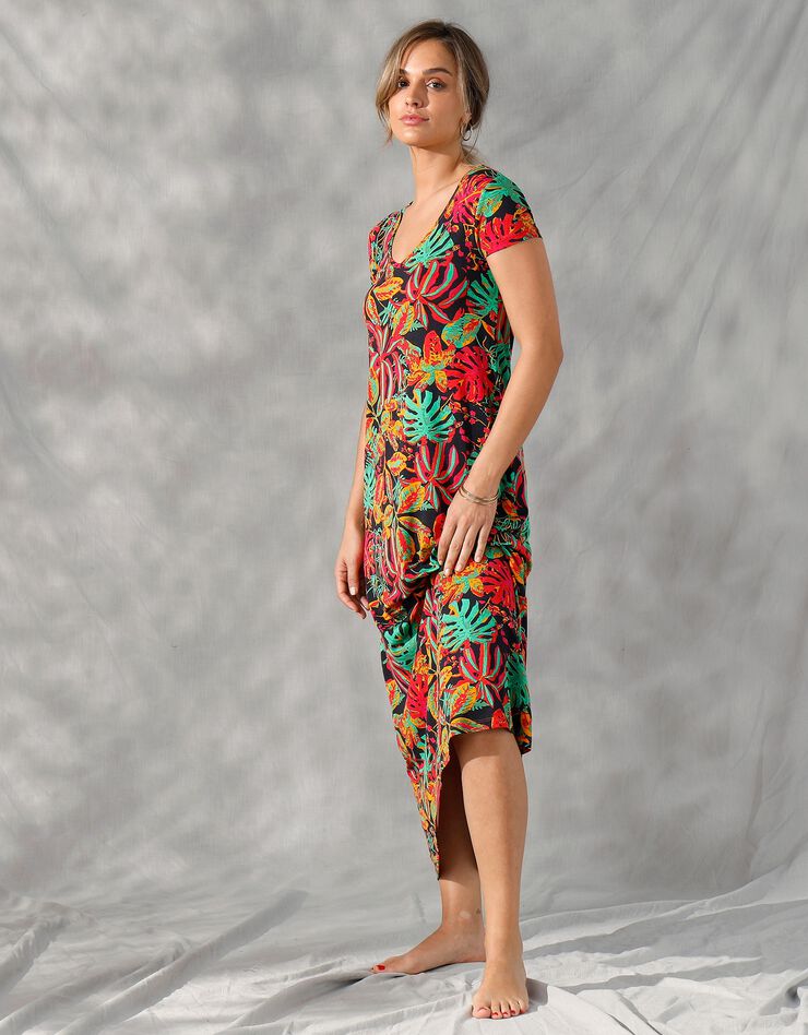 Robe longue manches courtes, maille imprimée (noir / vert)