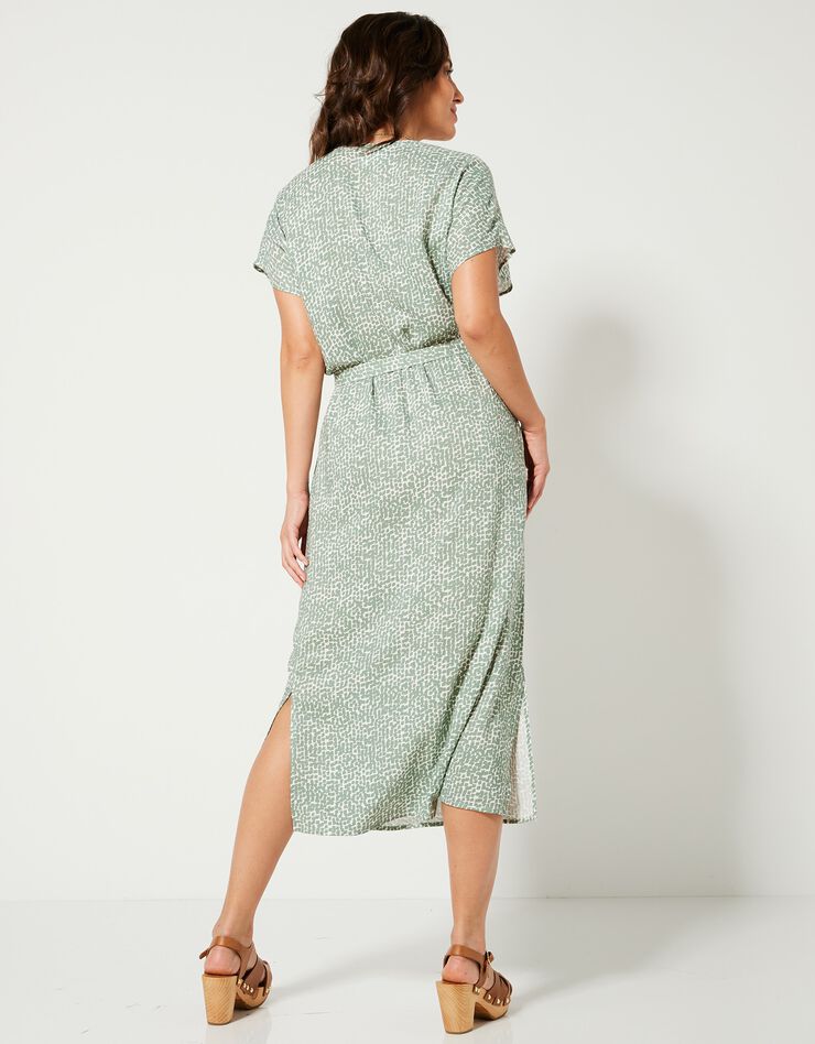 Robe droite longue fluide manches courtes, imprimé (vert amande / blanc)