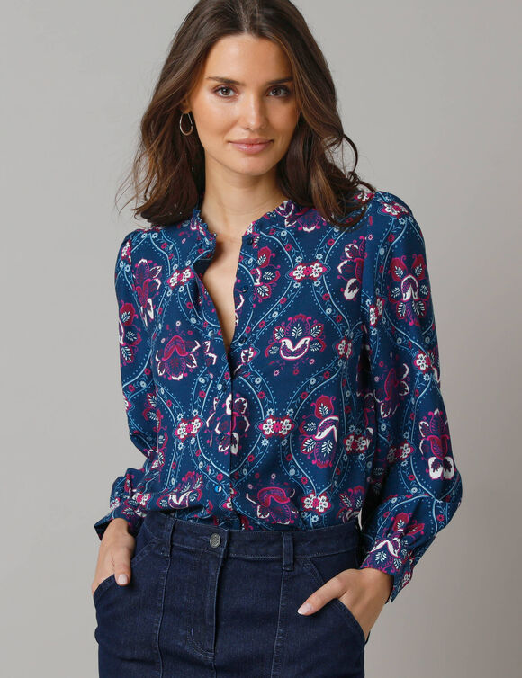 Chemisier col volanté, manches bouffantes, imprimé fleuri (bleu)