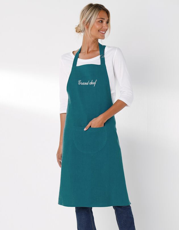 Tablier bavette coton et lin uni personnalisable (bleu)