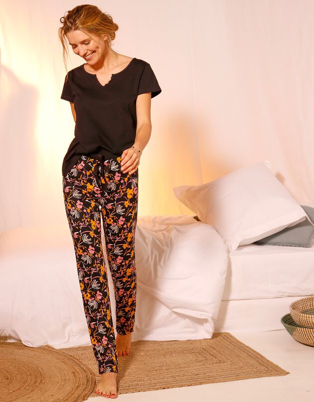 Pantalon pyjama imprimé floral (noir / corail)