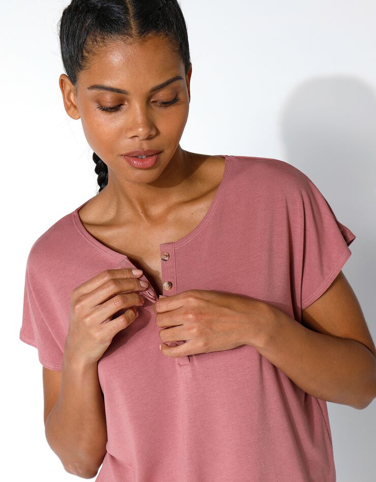 Tee-shirt col tunisien uni, maille fluide (bois de rose) Tee-shirt col tunisien uni, maille fluide (bois de rose)