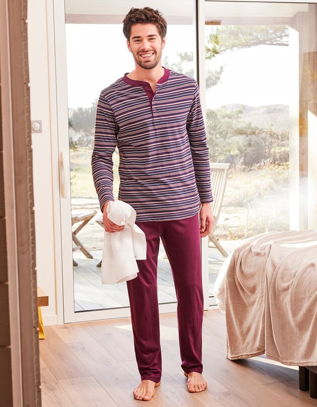 Pyjama rayé col tunisien (bordeaux)