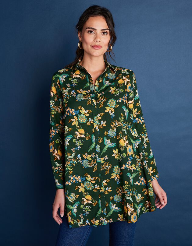 Tunique longue col chemise - imprimé arabesque (vert / safran)