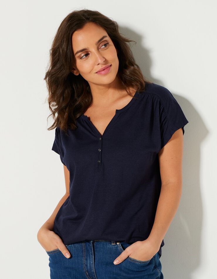 Tee-shirt col tunisien manches courtes, uni (marine) Tee-shirt col tunisien manches courtes, uni (marine)