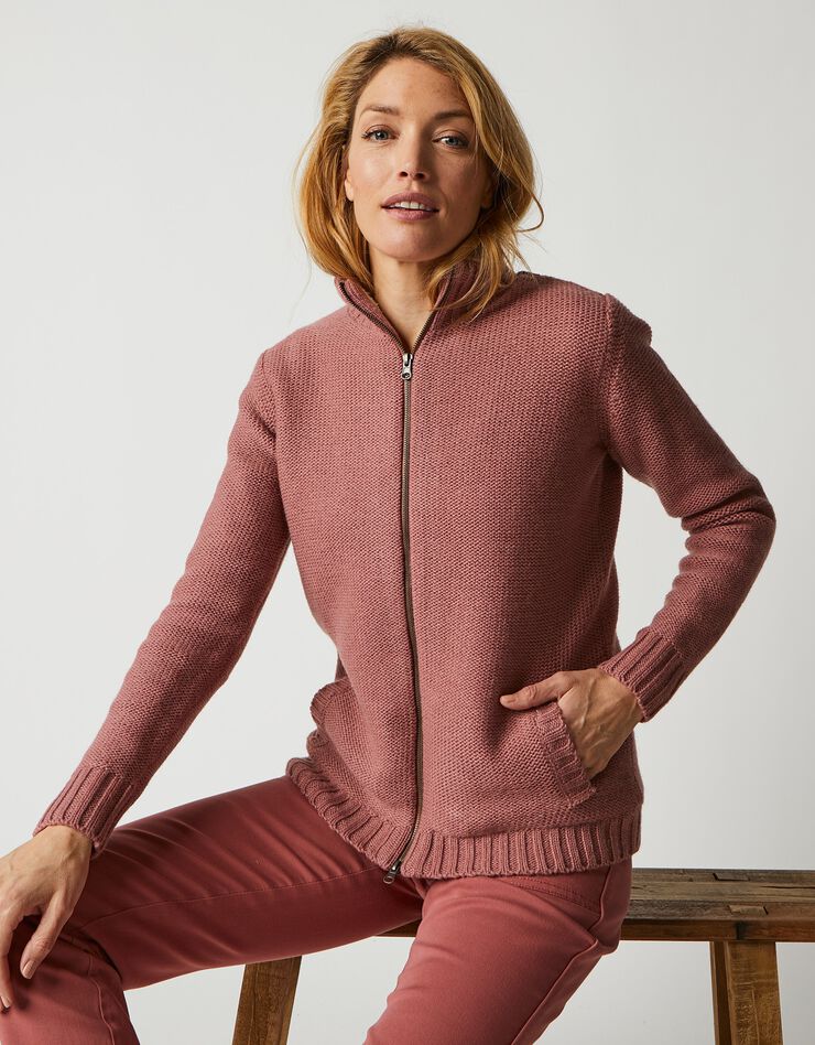 Gilet zippé 30% laine fourré "maille peluche" (bois de rose)