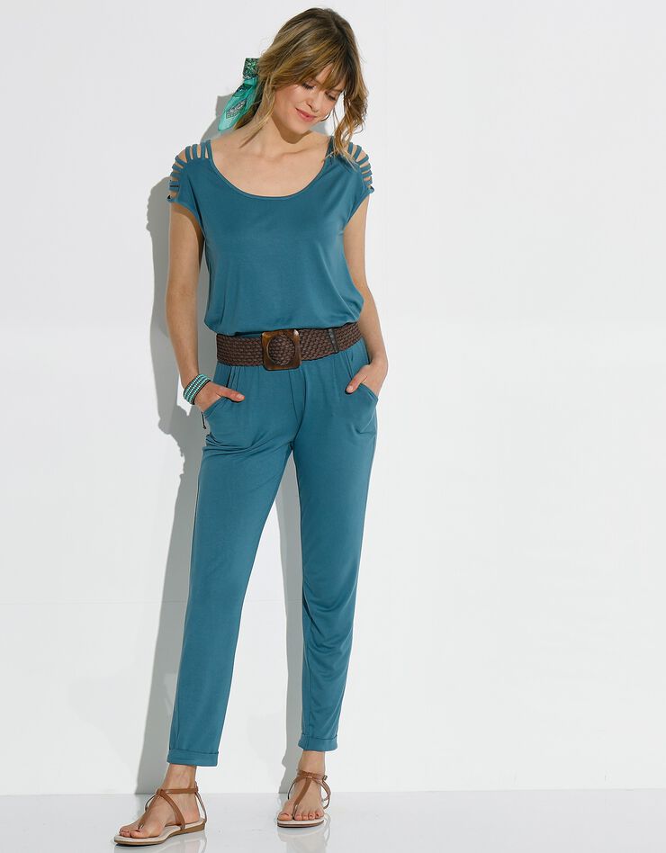 Tee-shirt "boîte" laçage épaules maille unie (bleu grisé) Tee-shirt "boîte" laçage épaules maille unie (bleu grisé)