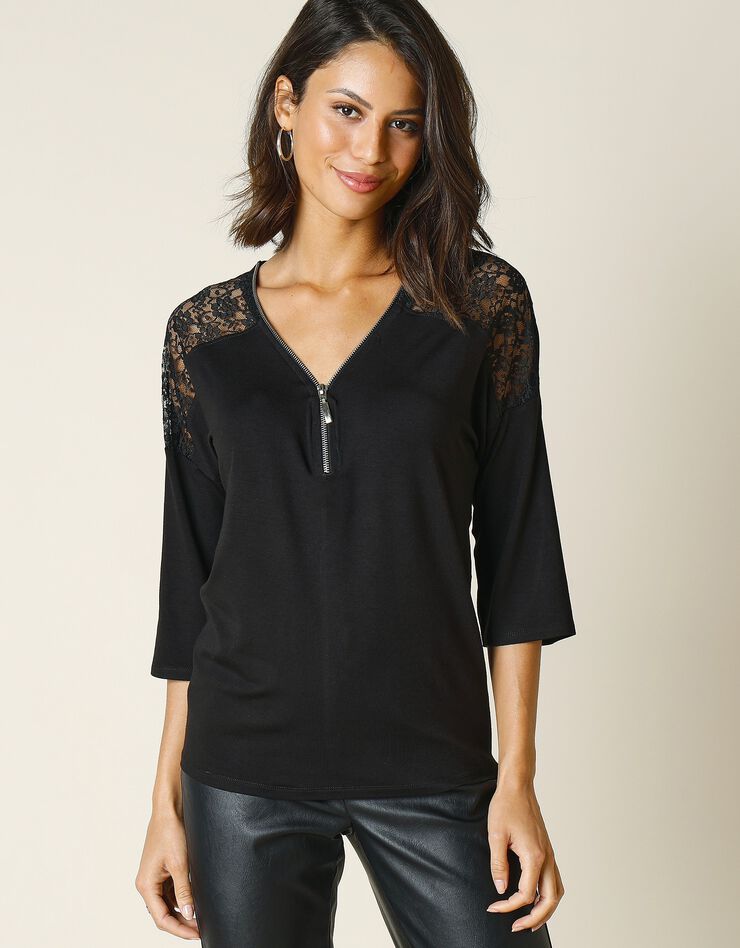 Tee-shirt col V zippé empiècement dentelle - manches 3/4 (noir) Tee-shirt col V zippé empiècement dentelle - manches 3/4 (noir)