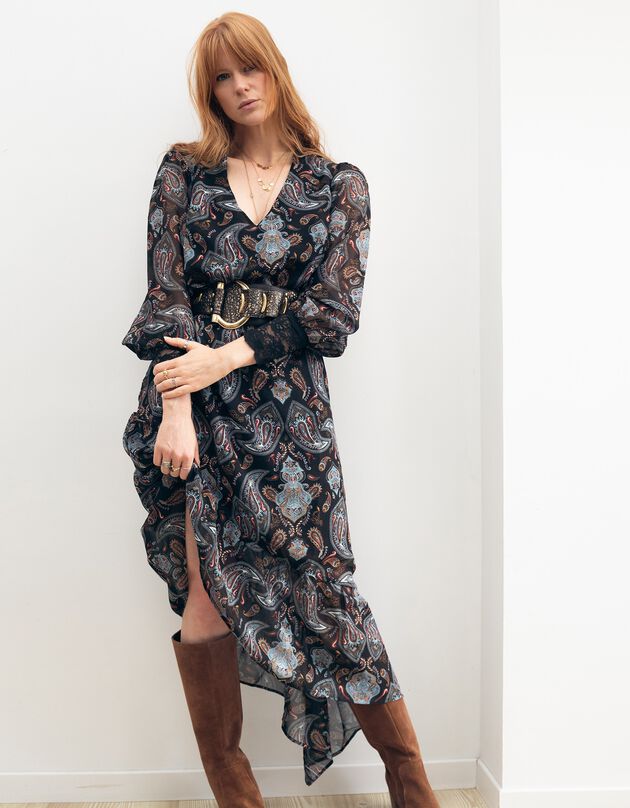 Robe longue asymétrique imprimée motif cachemire (noir / bronze) Robe longue asymétrique imprimée motif cachemire (noir / bronze)