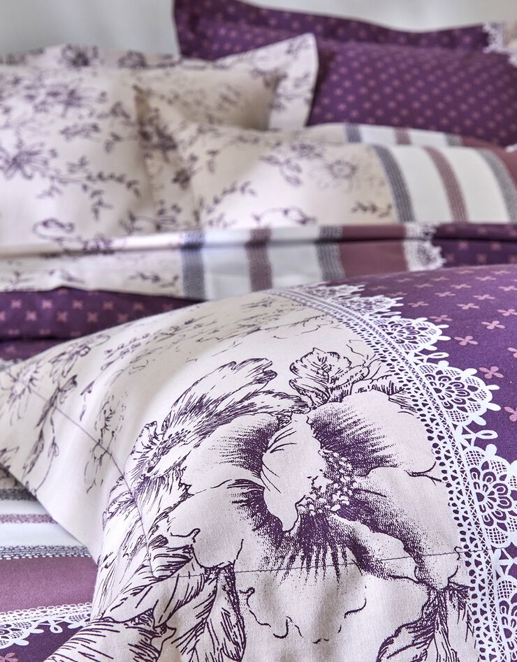Linge de lit Gabrielle en flanelle imprimé fleurs et dentelle (prune)