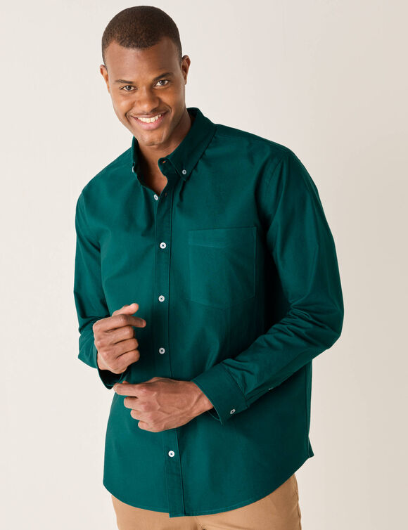 Chemise boutonn&eacute;e unie Oxford manches longues (vert canard)