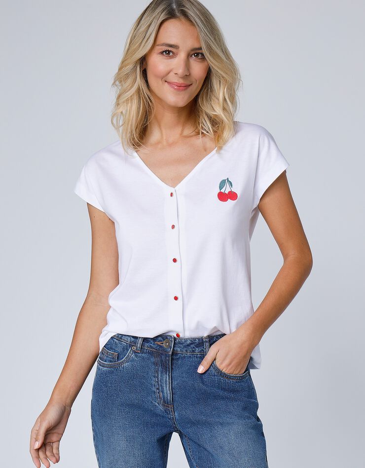 Tee-shirt col V boutonné brodé cerises, spécial petites (blanc)