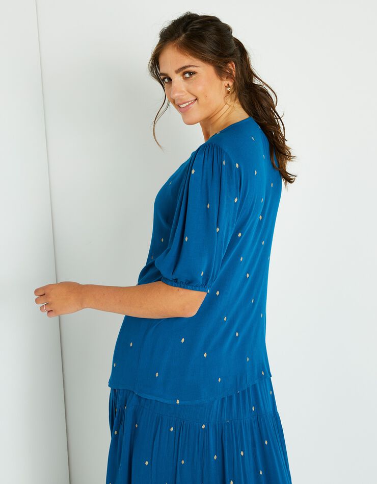 Blouse imprimé doré, crépon (bleu paon / doré) Blouse imprimé doré, crépon (bleu paon / doré)