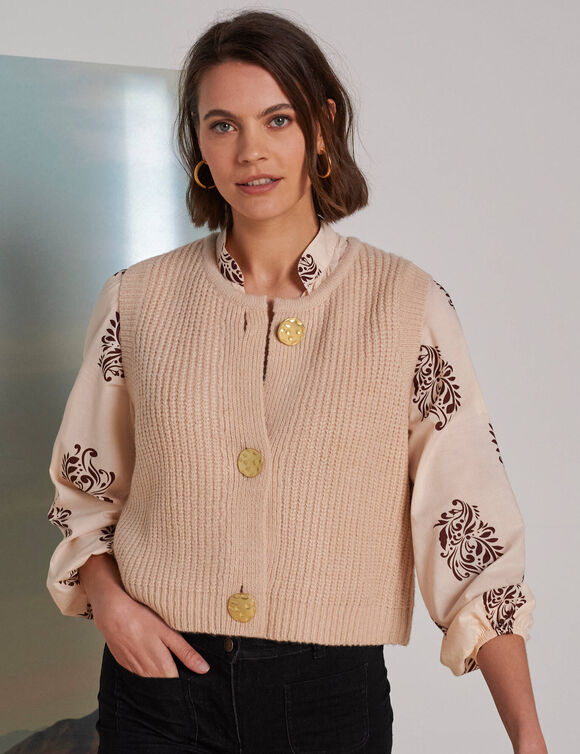 Gilet sans manches toucher doux, boutons dorés (beige)