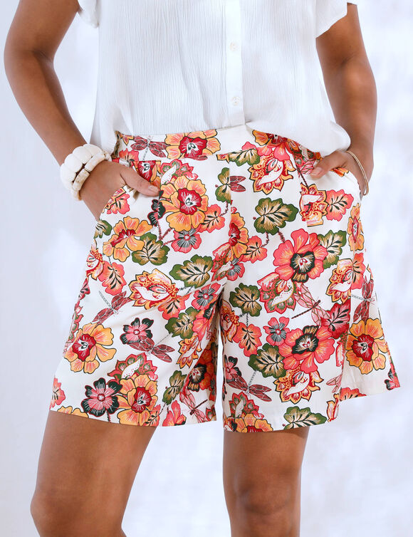 Short fluide imprimé floral (écru / corail)