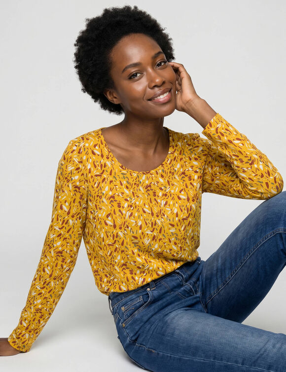 T-shirt imprim&eacute; manches longues en coton biologique(**) (curry)