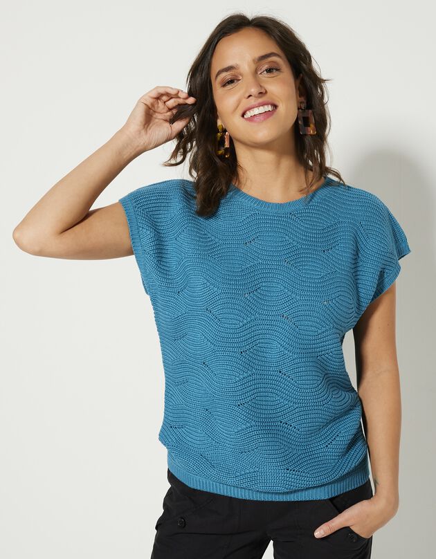 Pull manches courtes, maille fantaisie (turquoise)