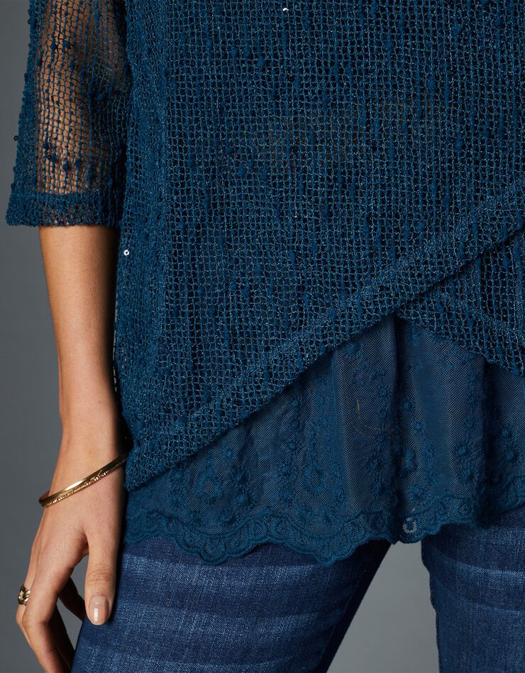 Pull fantaisie effet 2en1 manches 3/4 (bleu canard) Pull fantaisie effet 2en1 manches 3/4 (bleu canard)