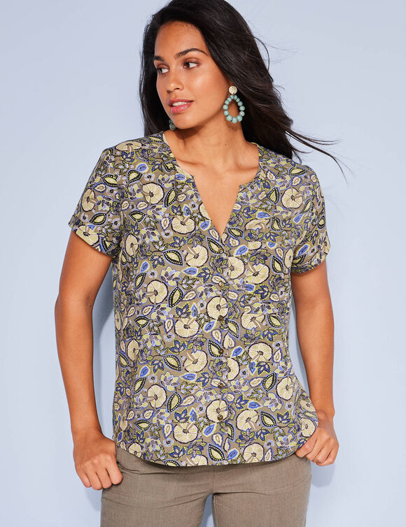 Chemisier imprim&eacute; ethnique, manches courtes (kaki)