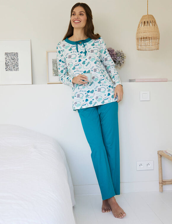 Pyjama femme imprimé "coeurs" (émeraude)