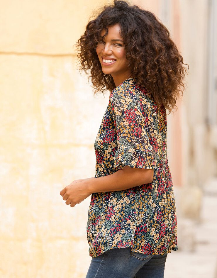 Blouse col V biais doré imprimé fleuri, plumetis (marine / curry) Blouse col V biais doré imprimé fleuri, plumetis (marine / curry)