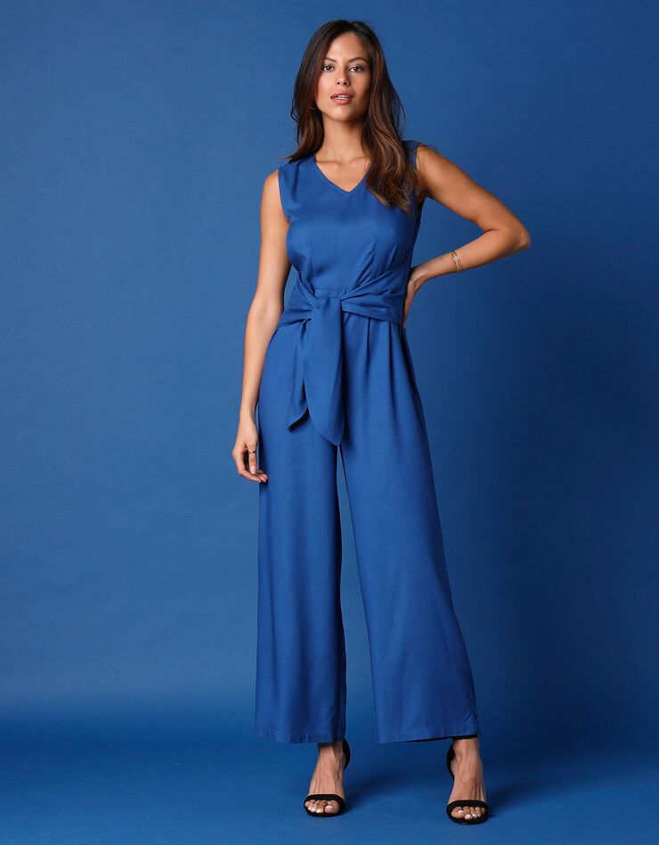 Combinaison pantalon unie col V sans manches  (bleu)