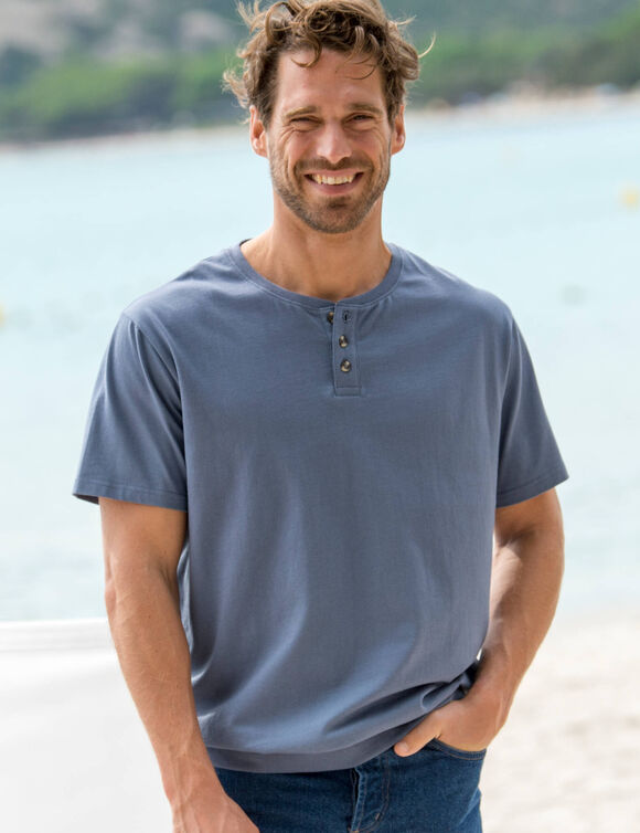 T-shirt Henley confort manches courtes - coton biologique (bleu jean)