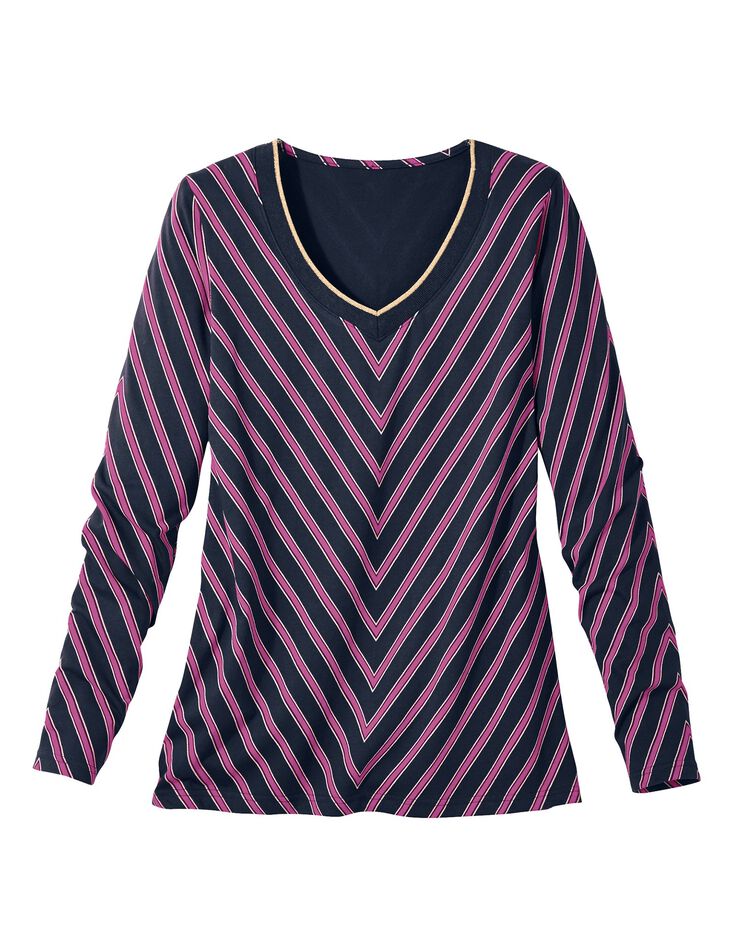Tee-shirt col V fantaisie rayé (marine / violine) Tee-shirt col V fantaisie rayé (marine / violine)