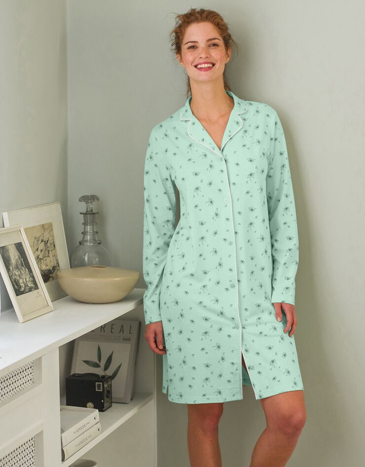 Chemise de nuit coton imprimée col tailleur (vert amande) Chemise de nuit coton imprimée col tailleur (vert amande)