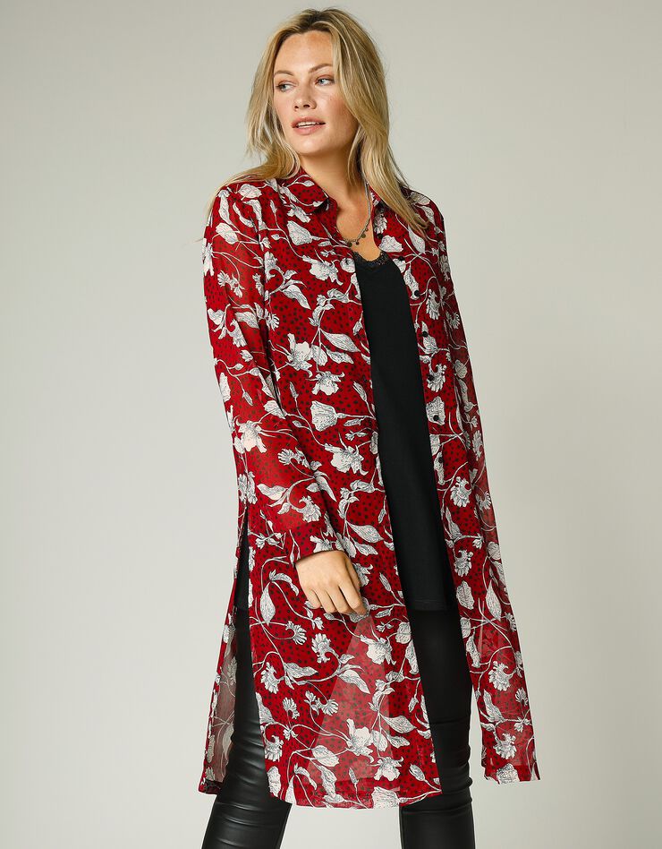 Longue surchemise ouverte en voile imprimé (bordeaux / beige) Longue surchemise ouverte en voile imprimé (bordeaux / beige)