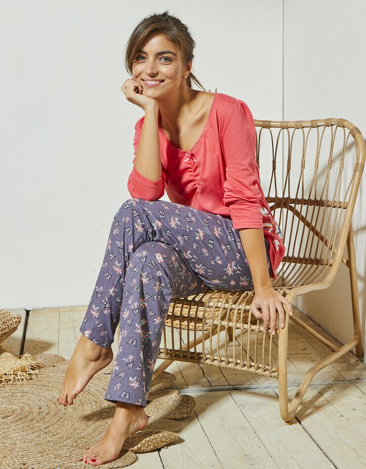 T-shirt pyjama manches longues imprimé placé papillons (corail) T-shirt pyjama manches longues imprimé placé papillons (corail)