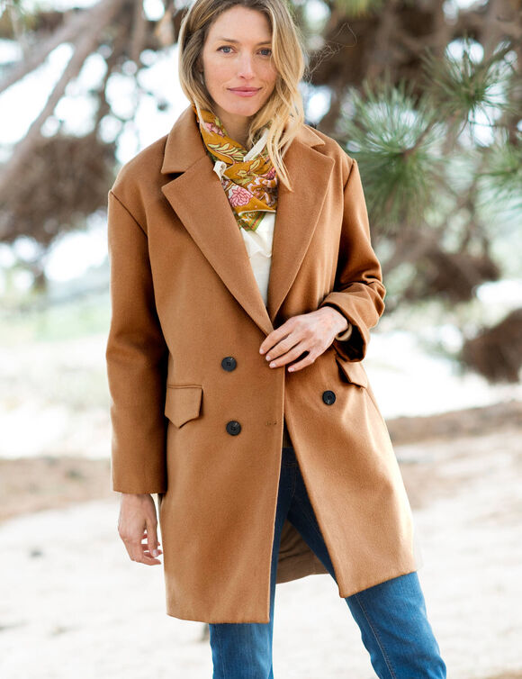 Manteau mi-long à col tailleur, boutonnage croisé (caramel)