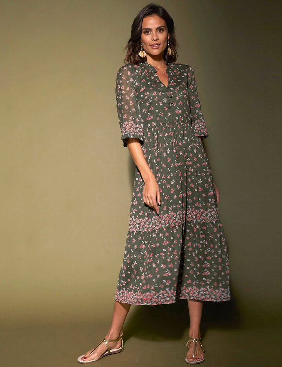 Robe volantée imprimée manches coudes (kaki)