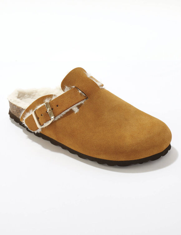 Chaussons fourrés forme sabot, cuir suédé (caramel)
