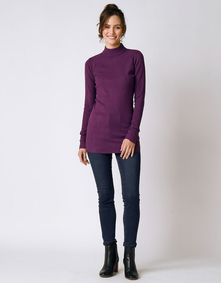 Pull col montant long, maille côtelée (violet) Pull col montant long, maille côtelée (violet)
