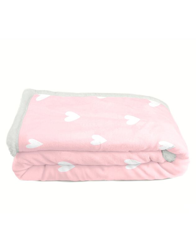 Plaid polaire imprimé coeurs et sherpa (rose)