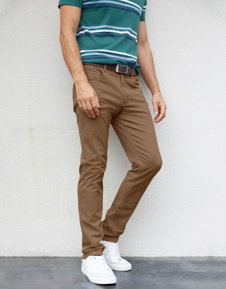 Pantalon droit 5 poches twill coton extensible (marron clair)
